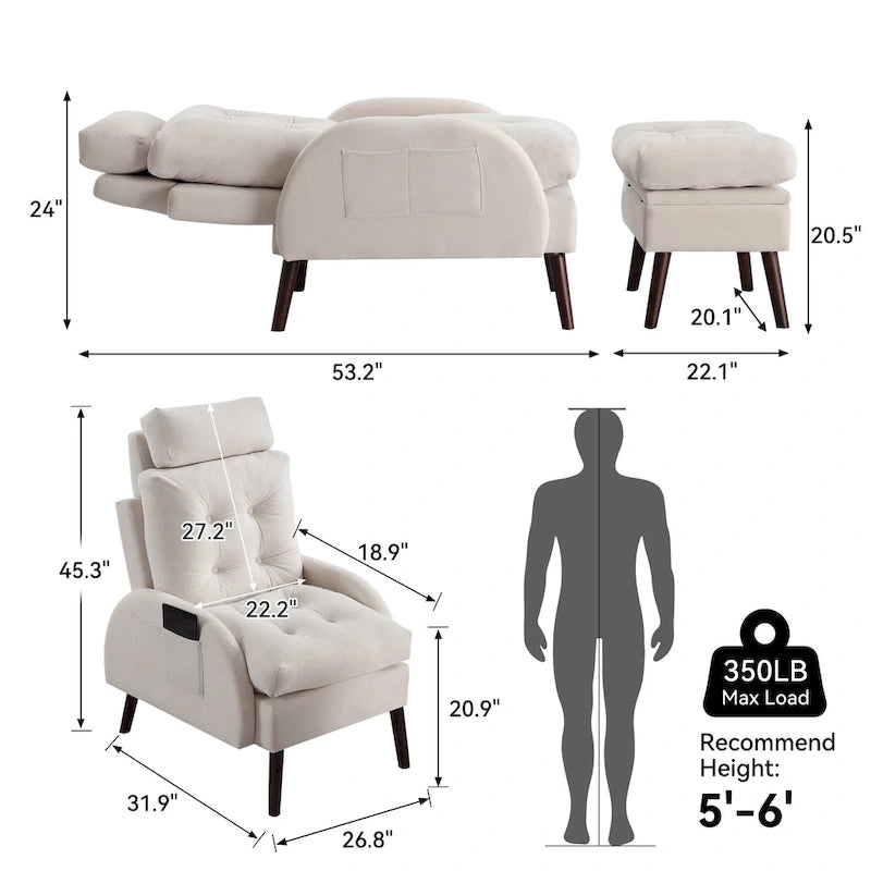 HOMYKA Chaise longue rembourrée avec dossier réglable et pouf de rangement