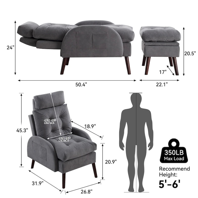 HOMYKA Chaise longue rembourrée avec dossier réglable et pouf de rangement