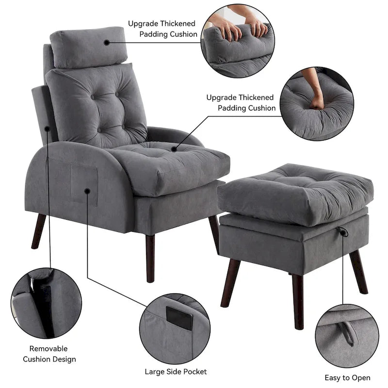 HOMYKA Chaise longue rembourrée avec dossier réglable et pouf de rangement