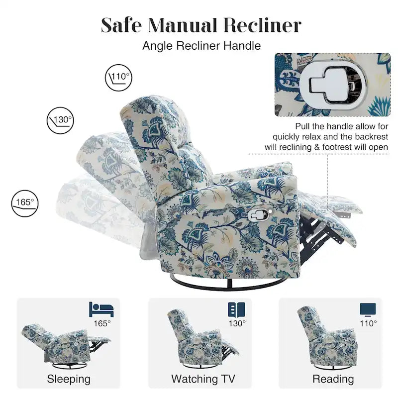 Fauteuil inclinable manuel floral HOMYKA, pivotant et basculant, rembourré
