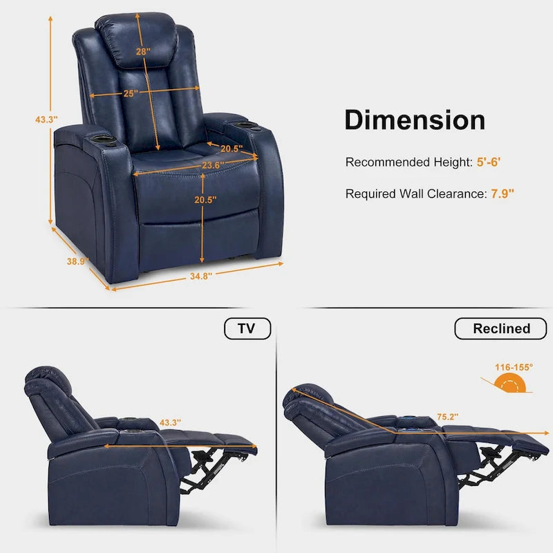Fauteuil inclinable électrique MCombo, Siège de cinéma maison avec appui-tête réglable et tablette, Cuir respirant HTS422