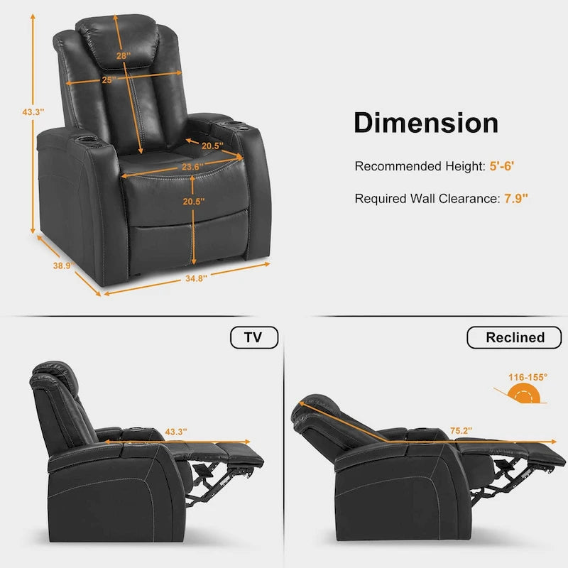 Fauteuil inclinable électrique MCombo, Siège de cinéma maison avec appui-tête réglable et tablette, Cuir respirant HTS422