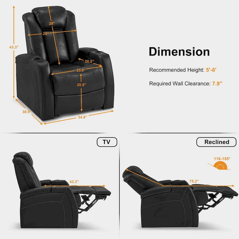 Fauteuil inclinable électrique MCombo, Siège de cinéma maison avec appui-tête réglable et tablette, Cuir respirant HTS422