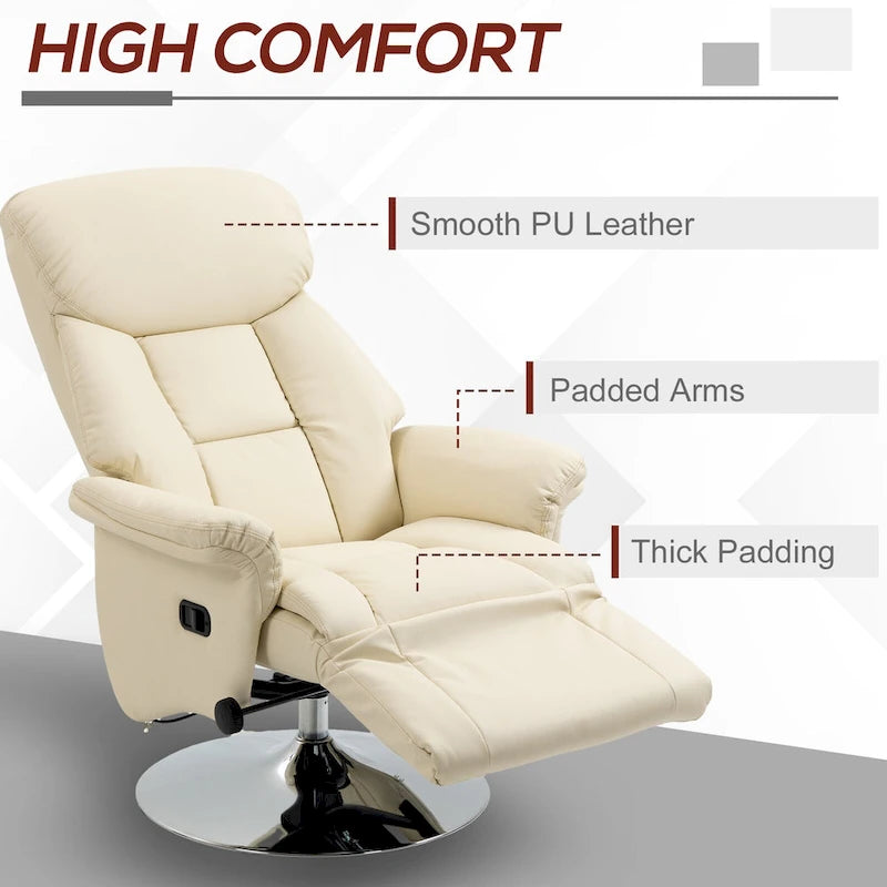 Fauteuil inclinable pour adultes, fauteuil inclinable pivotant réglable avec repose-pieds, accoudoirs rembourrés, revêtement en cuir PU et base en acier