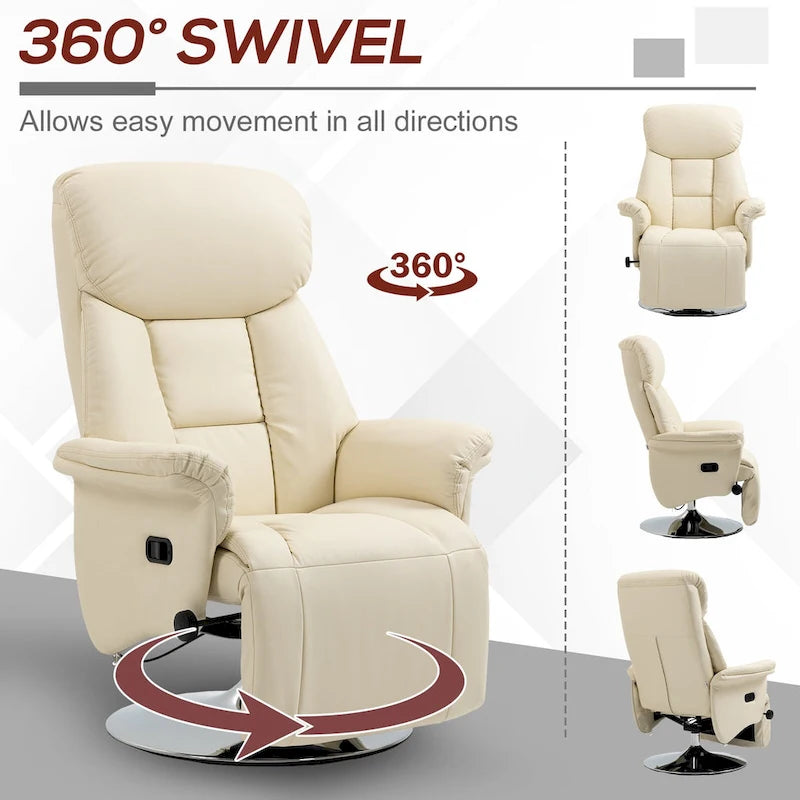 Fauteuil inclinable pour adultes, fauteuil inclinable pivotant réglable avec repose-pieds, accoudoirs rembourrés, revêtement en cuir PU et base en acier