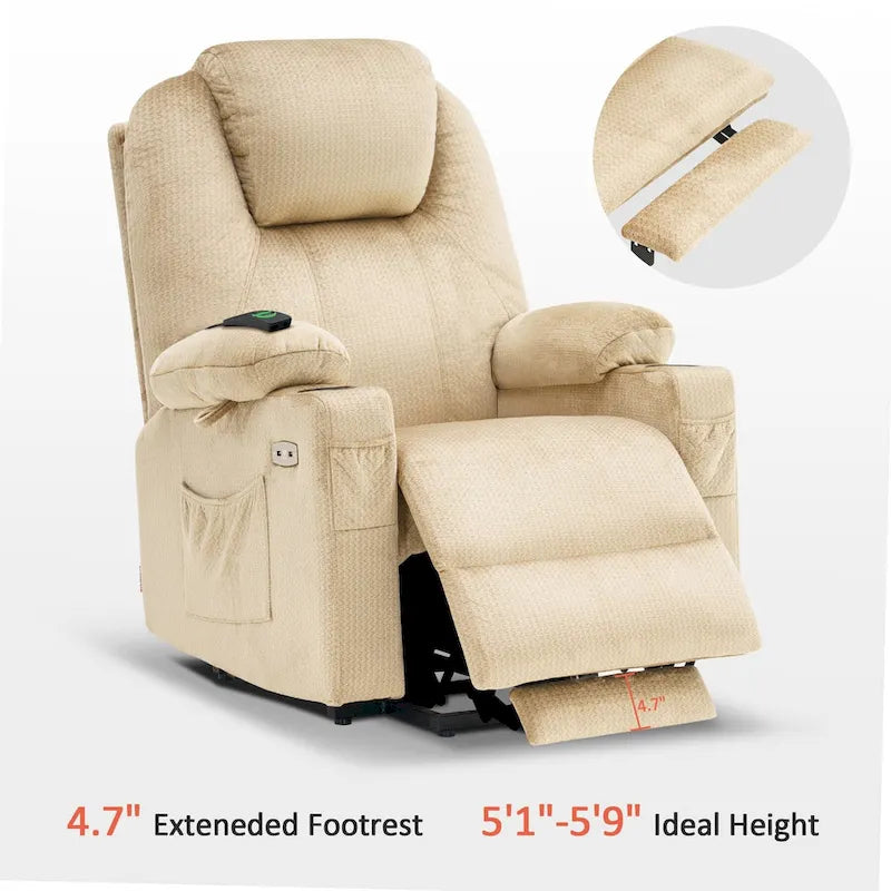 Fauteuil inclinable MCombo Large Power Lift avec massage, porte-gobelets, repose-pieds étendu, tissu 7516