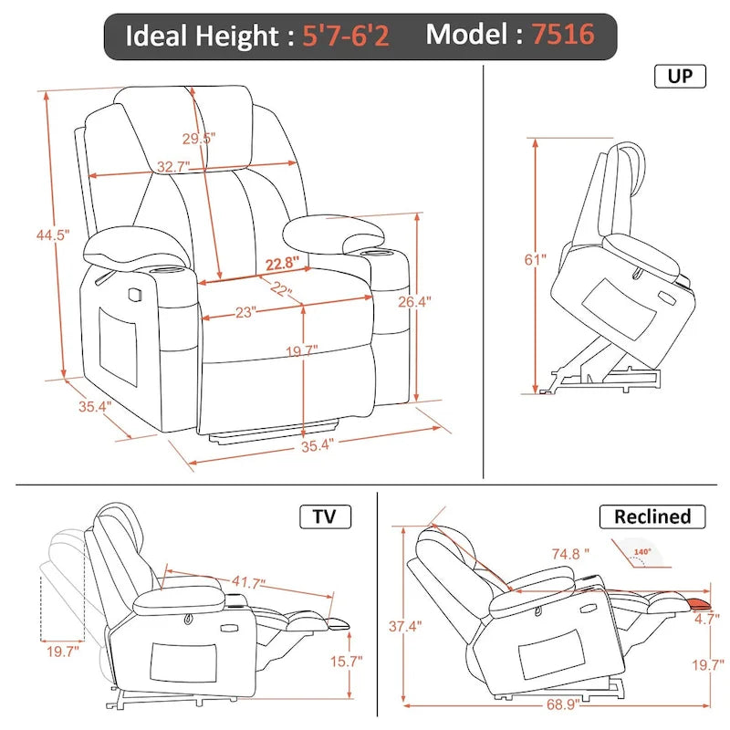 Fauteuil inclinable MCombo Large Power Lift avec massage, porte-gobelets, repose-pieds étendu, tissu 7516