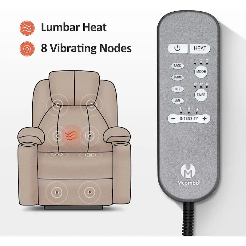 Fauteuil inclinable MCombo Large Power Lift avec massage, porte-gobelets, repose-pieds étendu, tissu 7516