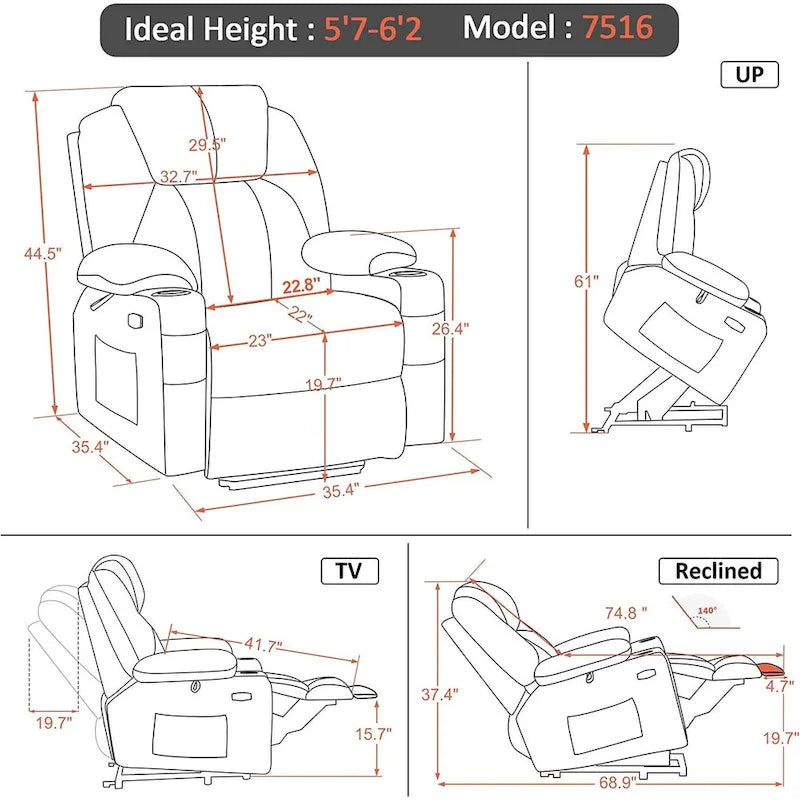 Fauteuil inclinable MCombo Large Power Lift avec massage, porte-gobelets, repose-pieds étendu, tissu 7516