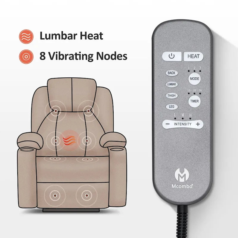 Fauteuil inclinable MCombo Large Power Lift avec massage, porte-gobelets, repose-pieds étendu, tissu 7516