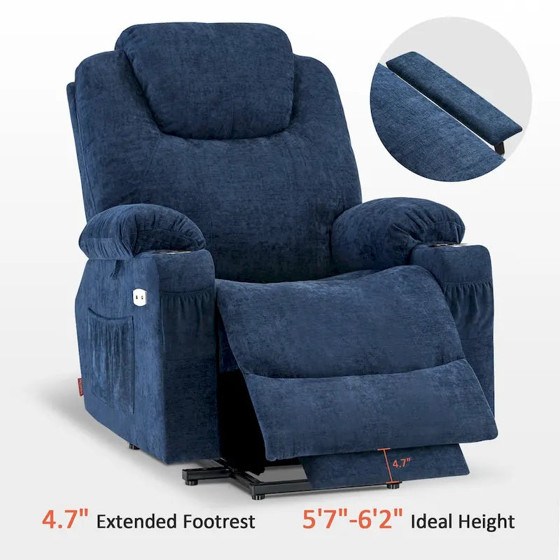 Fauteuil inclinable MCombo Large Power Lift avec massage, porte-gobelets, repose-pieds étendu, tissu 7516