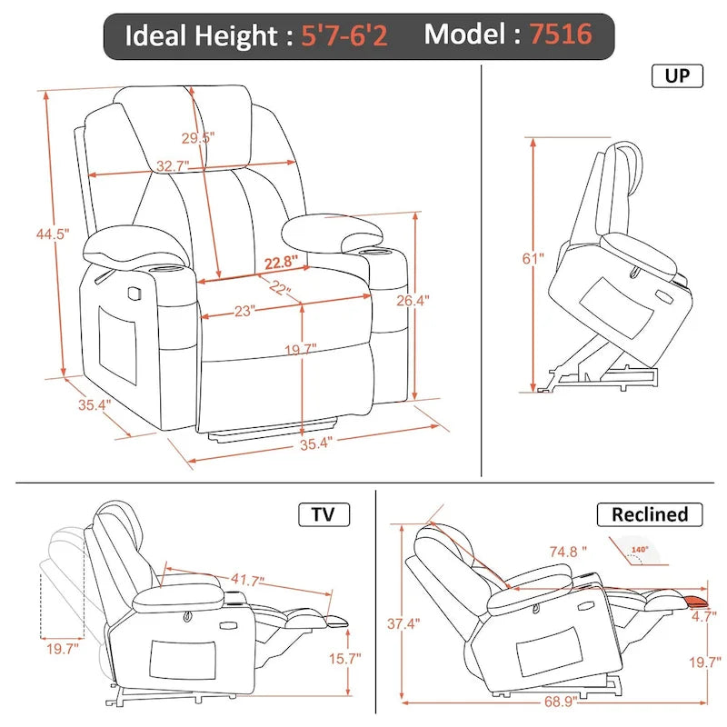 Fauteuil inclinable MCombo Large Power Lift avec massage, porte-gobelets, repose-pieds étendu, tissu 7516