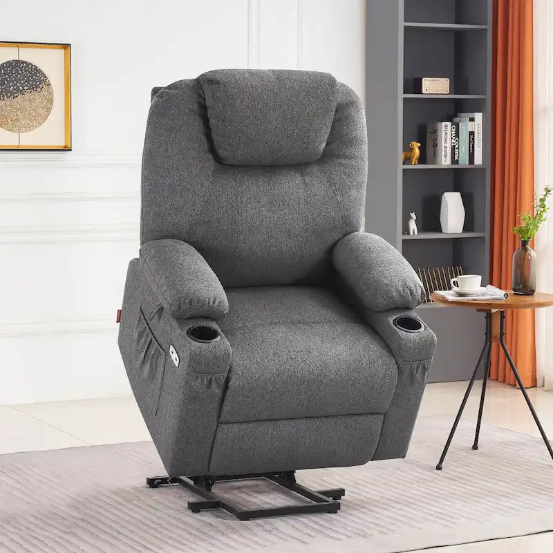 Fauteuil inclinable MCombo Large Power Lift avec massage, porte-gobelets, repose-pieds étendu, tissu 7516