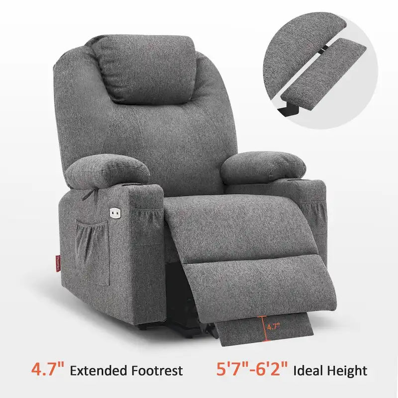 Fauteuil inclinable MCombo Large Power Lift avec massage, porte-gobelets, repose-pieds étendu, tissu 7516