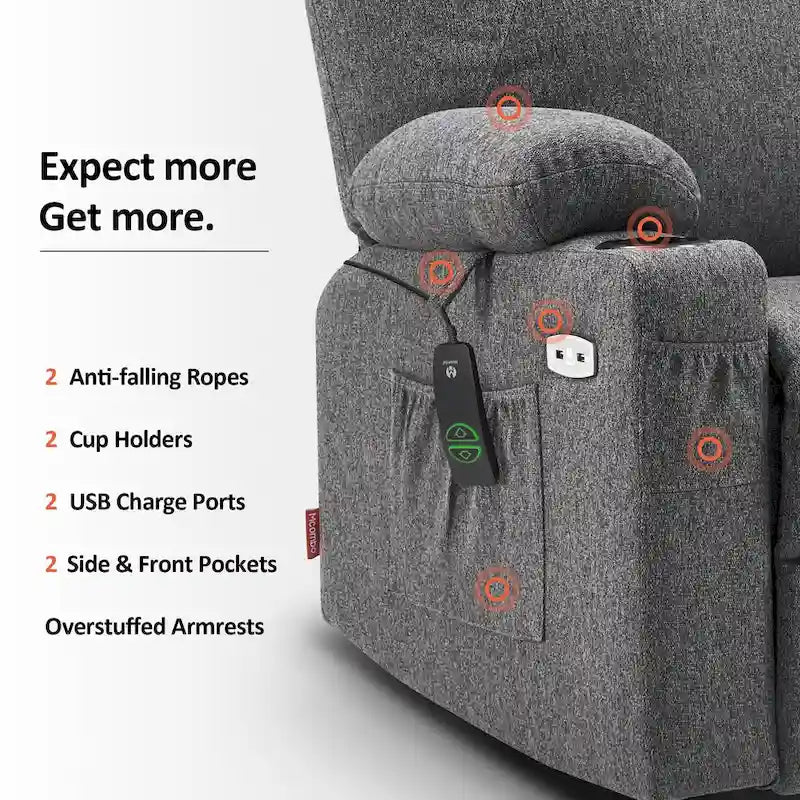 Fauteuil inclinable MCombo Large Power Lift avec massage, porte-gobelets, repose-pieds étendu, tissu 7516