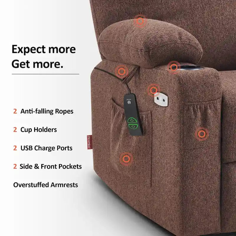 Fauteuil inclinable MCombo Large Power Lift avec massage, porte-gobelets, repose-pieds étendu, tissu 7516