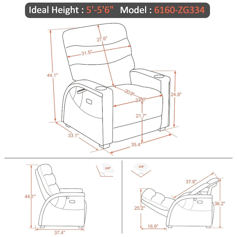 Fauteuil inclinable zéro gravité MCombo Power avec appui-tête réglable pour salon, tissu ZG334