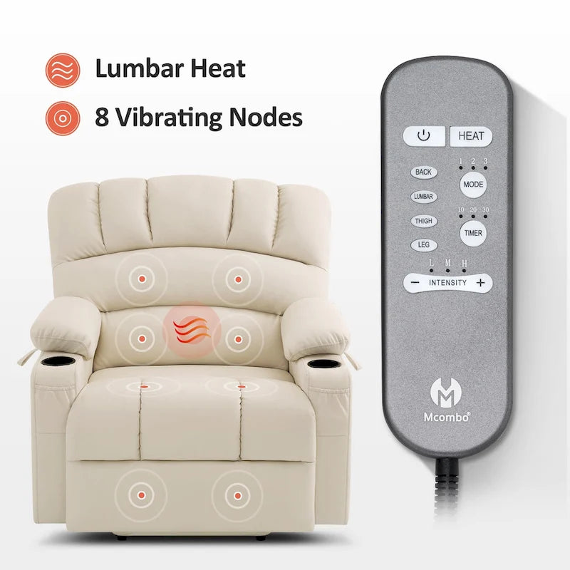 Fauteuil inclinable électrique MCombo avec massage et chauffage, en similicuir R7096 (Taille moyenne-large)