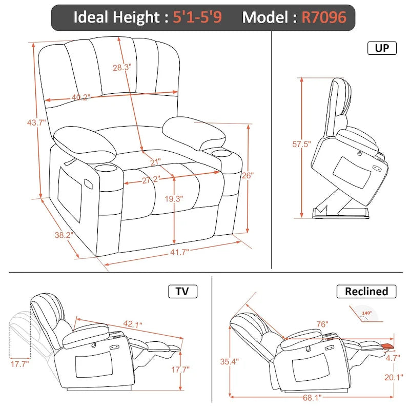 Fauteuil inclinable électrique MCombo avec massage et chauffage, en similicuir R7096 (Taille moyenne-large)