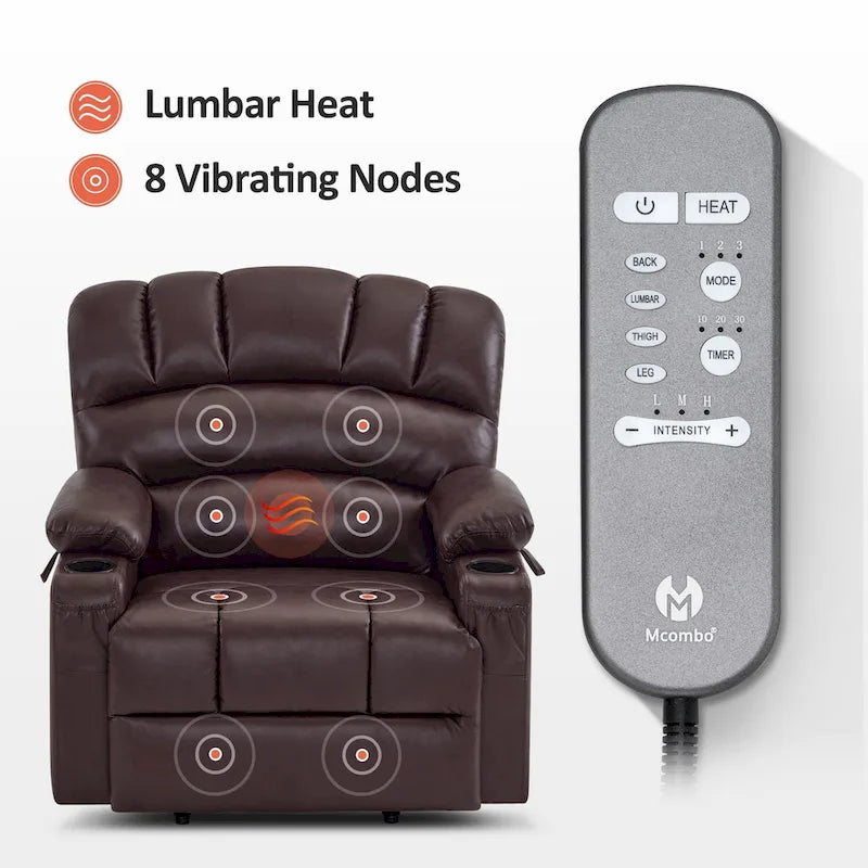 Fauteuil inclinable électrique MCombo avec massage et chauffage, en similicuir R7096 (Taille moyenne-large)