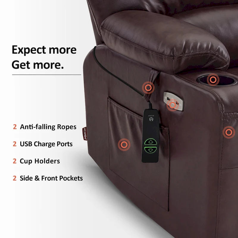Fauteuil inclinable électrique MCombo avec massage et chauffage, en similicuir R7096 (Taille moyenne-large)