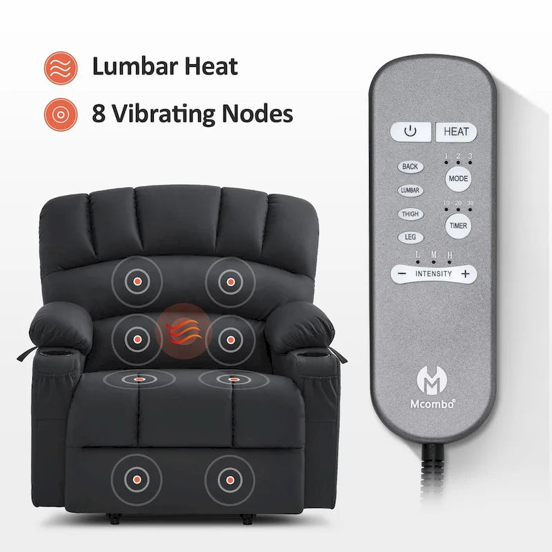 Fauteuil inclinable électrique MCombo avec massage et chauffage, en similicuir R7096 (Taille moyenne-large)