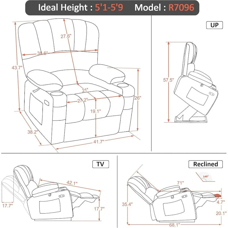 Fauteuil inclinable électrique MCombo avec massage et chauffage, en similicuir R7096 (Taille moyenne-large)