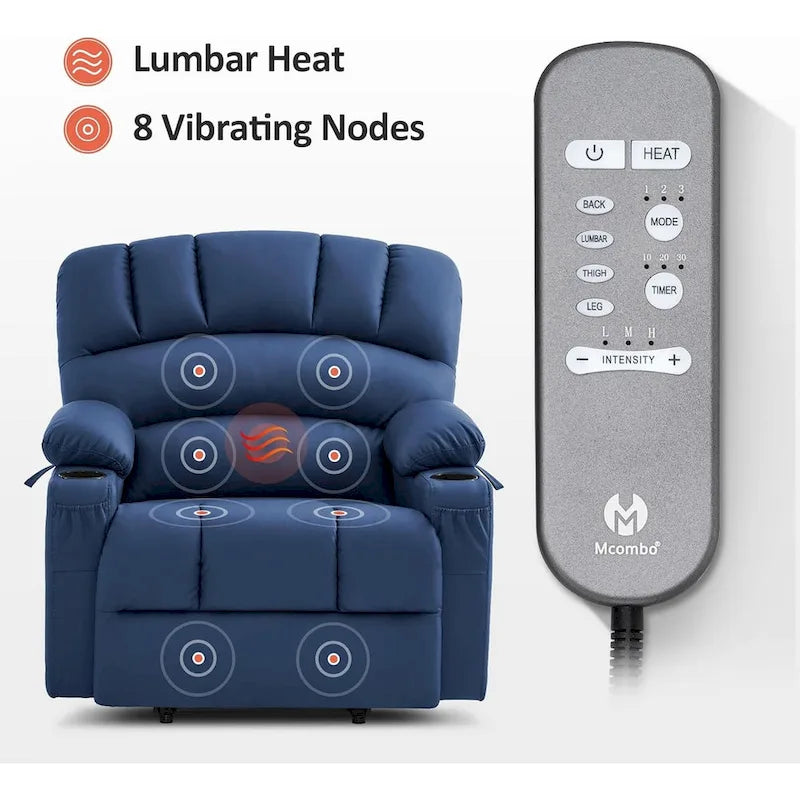 Fauteuil inclinable électrique MCombo avec massage et chauffage, en similicuir R7096 (Taille moyenne-large)