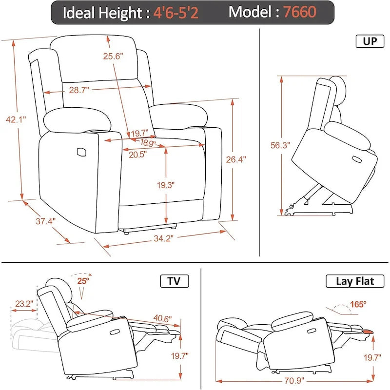 Fauteuil inclinable MCombo Lay Flat avec appuie-tête électrique pour personnes âgées de petite taille, fauteuil élévateur à position infinie, tissu 7660