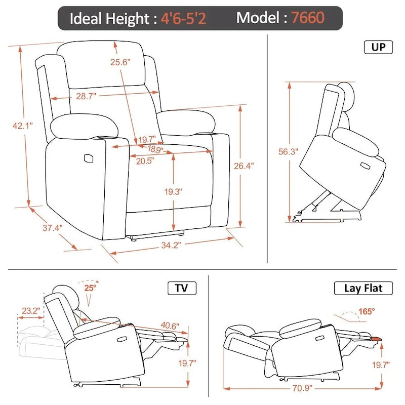 Fauteuil inclinable MCombo Lay Flat avec appuie-tête électrique pour personnes âgées de petite taille, fauteuil élévateur à position infinie, tissu 7660