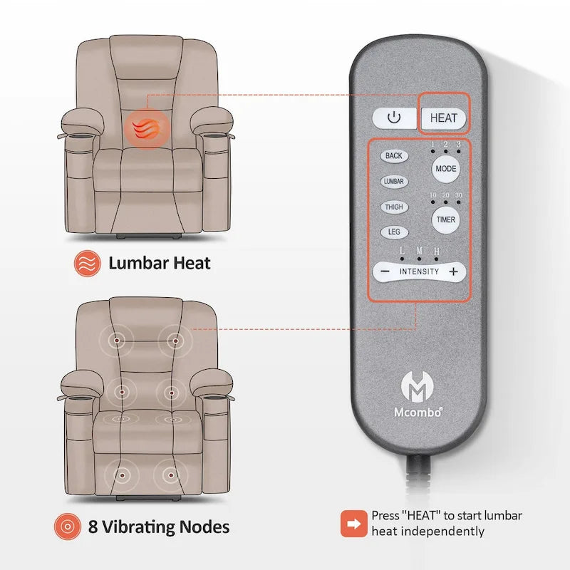 Petit fauteuil inclinable MCombo avec fonction de levage, massage et chaleur pour personnes âgées de petite taille, similicuir 7569