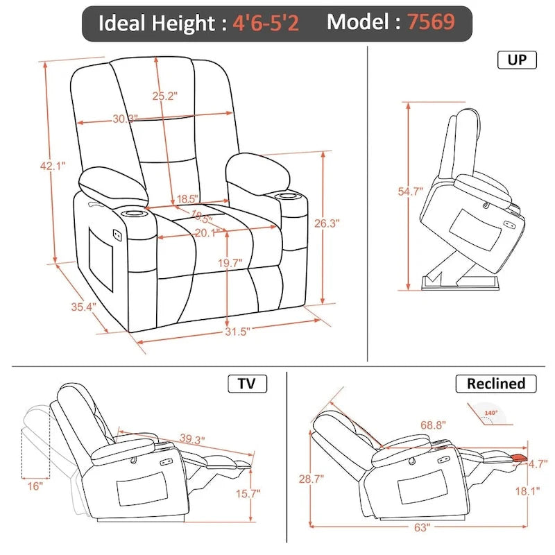 Petit fauteuil inclinable MCombo avec fonction de levage, massage et chaleur pour personnes âgées de petite taille, similicuir 7569