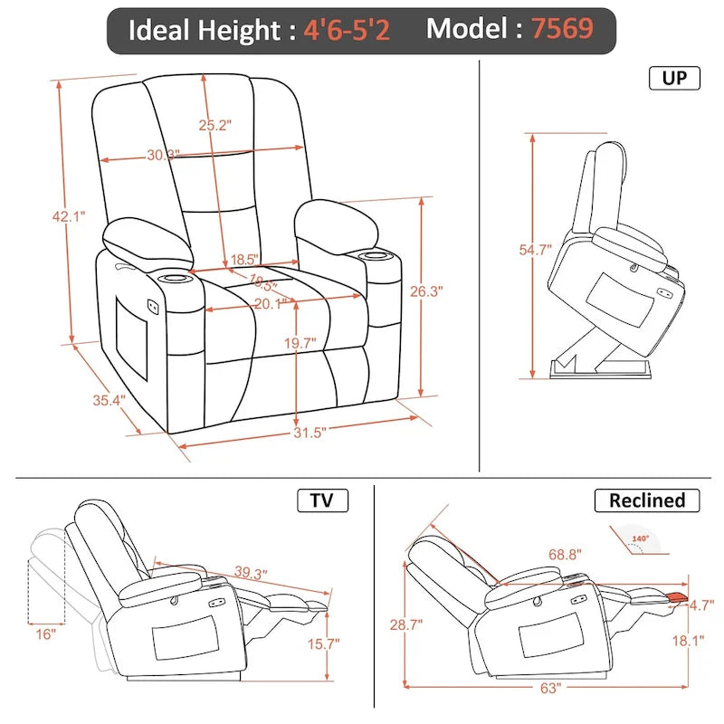 Petit fauteuil inclinable MCombo avec fonction de levage, massage et chaleur pour personnes âgées de petite taille, similicuir 7569