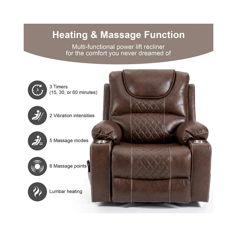 Fauteuil inclinable releveur en cuir avec massage et chauffage