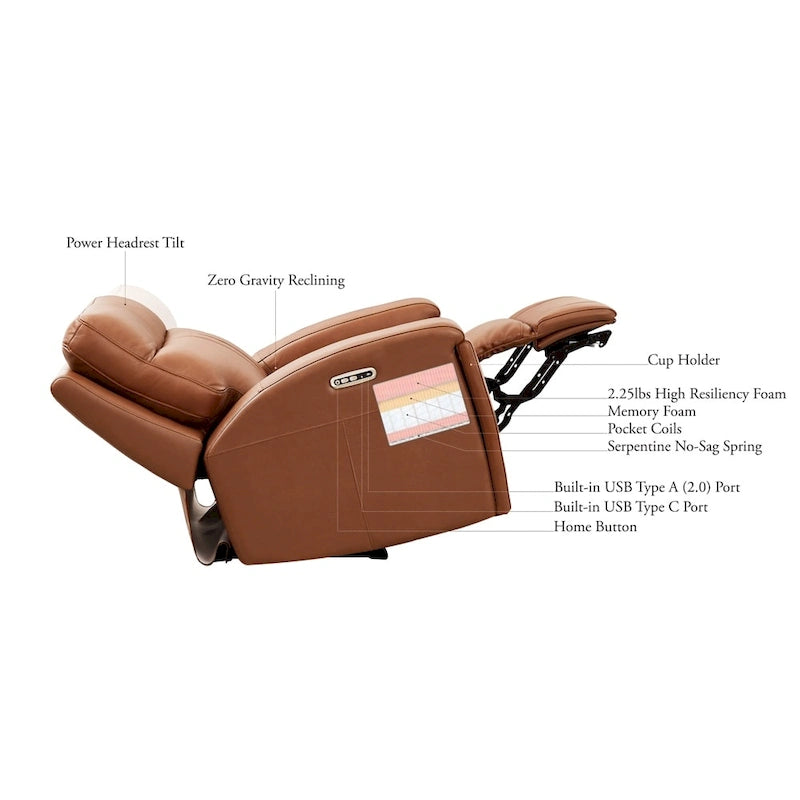Fauteuil inclinable en cuir pleine fleur Hydeline Venice Zero Gravity avec fonction d'inclinaison électrique, appui-tête réglable et porte-gobelet