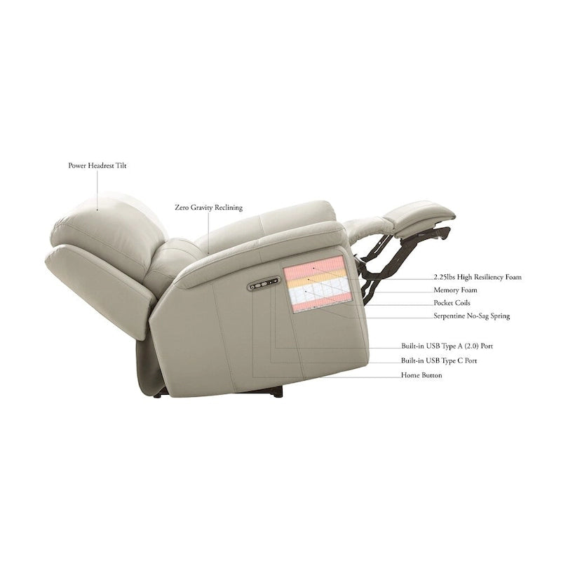 Fauteuil inclinable en cuir pleine fleur Hydeline Vienna Zero Gravity avec fonctions d'inclinaison électrique et d'appui-tête.