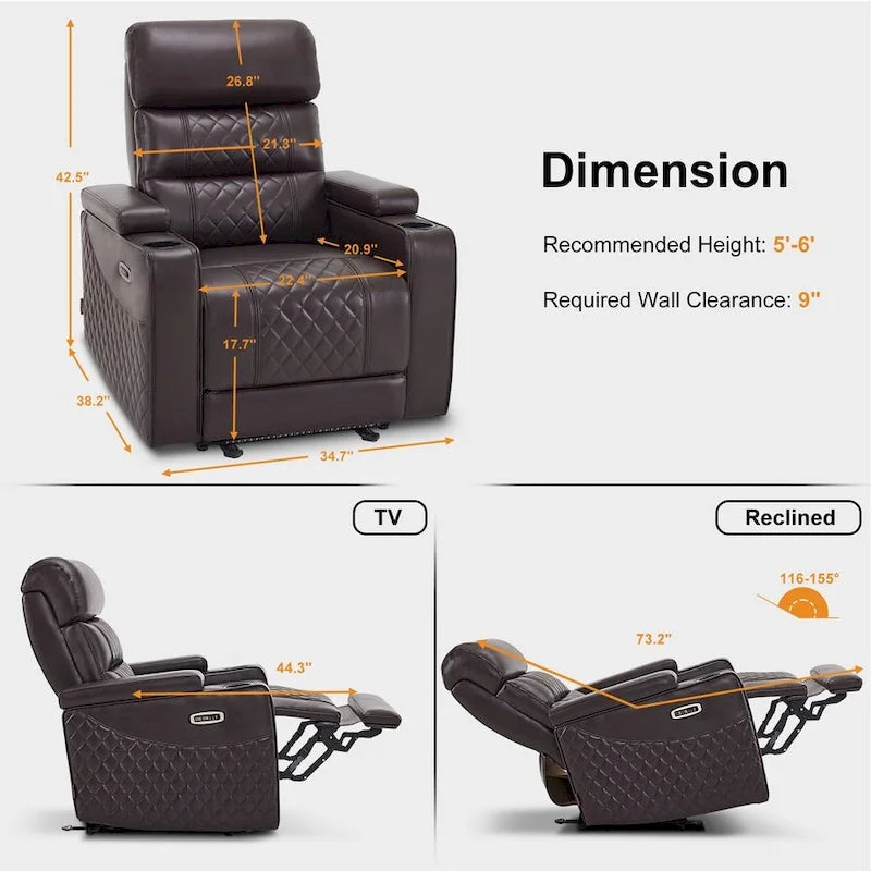 Fauteuil inclinable électrique MCombo, Canapé inclinable électrique avec appuie-tête réglable et port USB et Type C, Similicuir HTS432