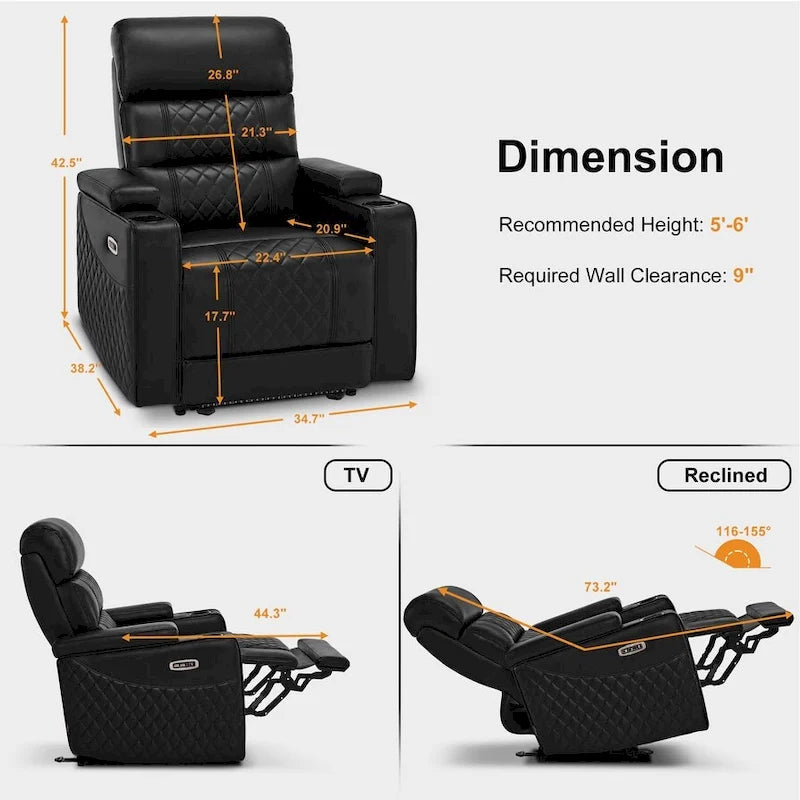 Fauteuil inclinable électrique MCombo, Canapé inclinable électrique avec appuie-tête réglable et port USB et Type C, Similicuir HTS432