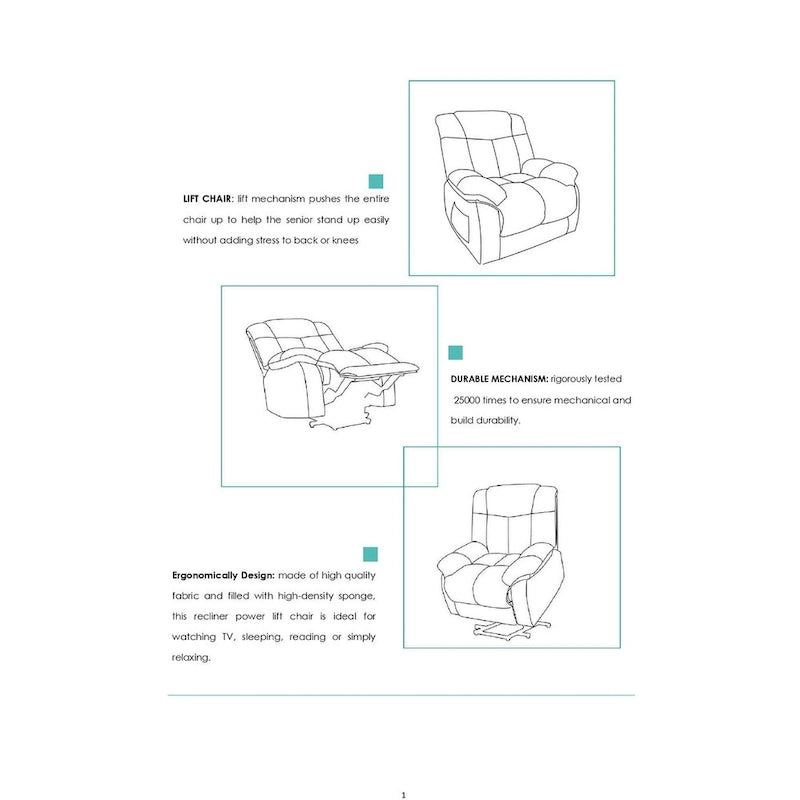 Fauteuil inclinable électrique avec fonction releveur pour personnes âgées, avec pochette latérale