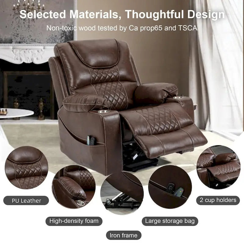 Fauteuil inclinable releveur en cuir PU avec massage et chauffage pour personnes âgées