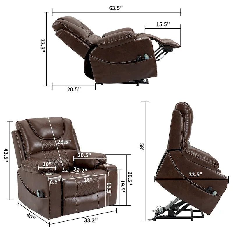 Fauteuil inclinable releveur en cuir PU avec massage et chauffage pour personnes âgées