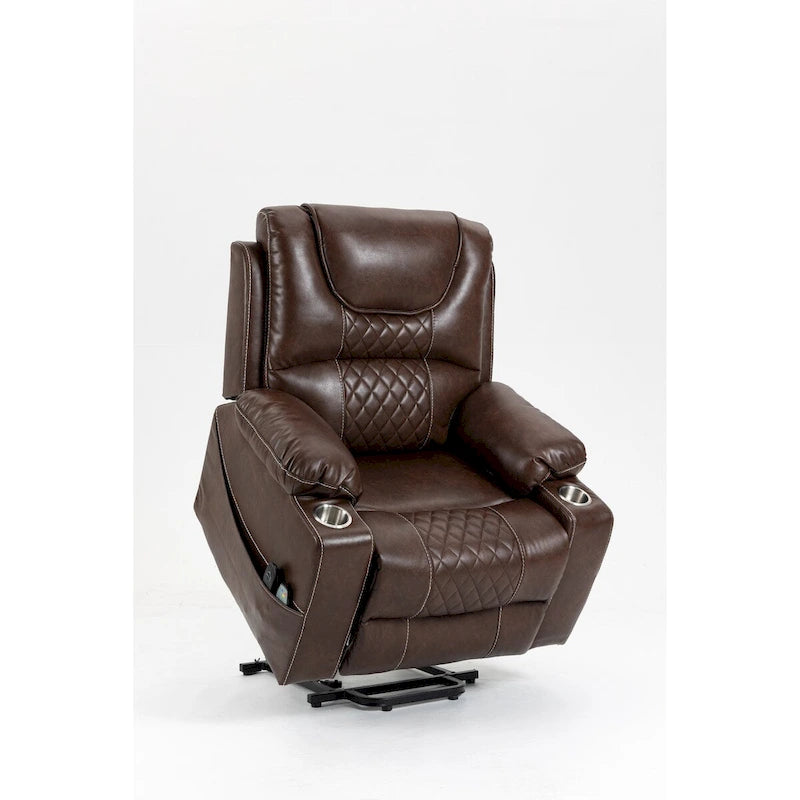 Fauteuil inclinable releveur en cuir marron, massage multifonction, chauffant, avec porte-gobelets