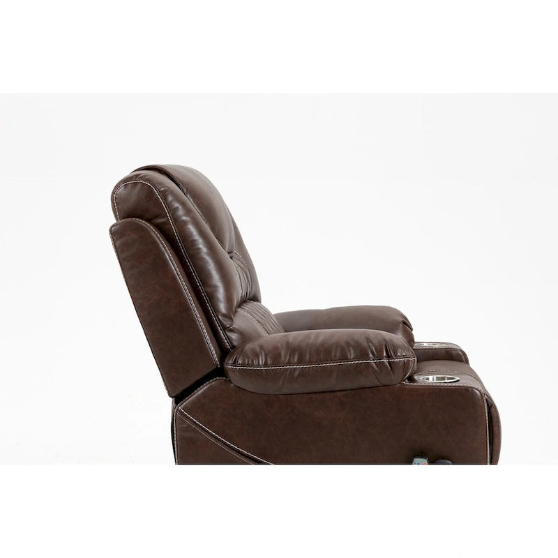 Fauteuil inclinable releveur en cuir marron, massage multifonction, chauffant, avec porte-gobelets