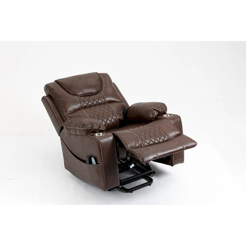 Fauteuil inclinable releveur en cuir marron, massage multifonction, chauffant, avec porte-gobelets