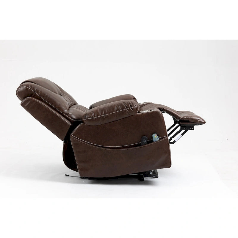 Fauteuil inclinable releveur en cuir marron, massage multifonction, chauffant, avec porte-gobelets