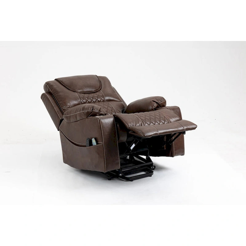 Fauteuil inclinable releveur en cuir marron, massage multifonction, chauffant, avec porte-gobelets