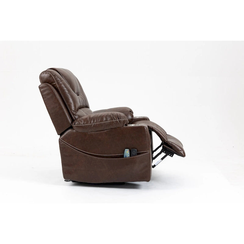 Fauteuil inclinable releveur en cuir marron, massage multifonction, chauffant, avec porte-gobelets
