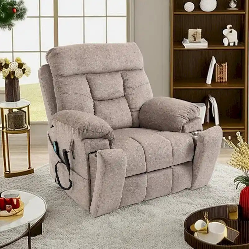 Fauteuil inclinable releveur électrique de massage et chauffant, double motorisation, inclinable électrique avec porte-gobelets et poches latérales, 180 kg