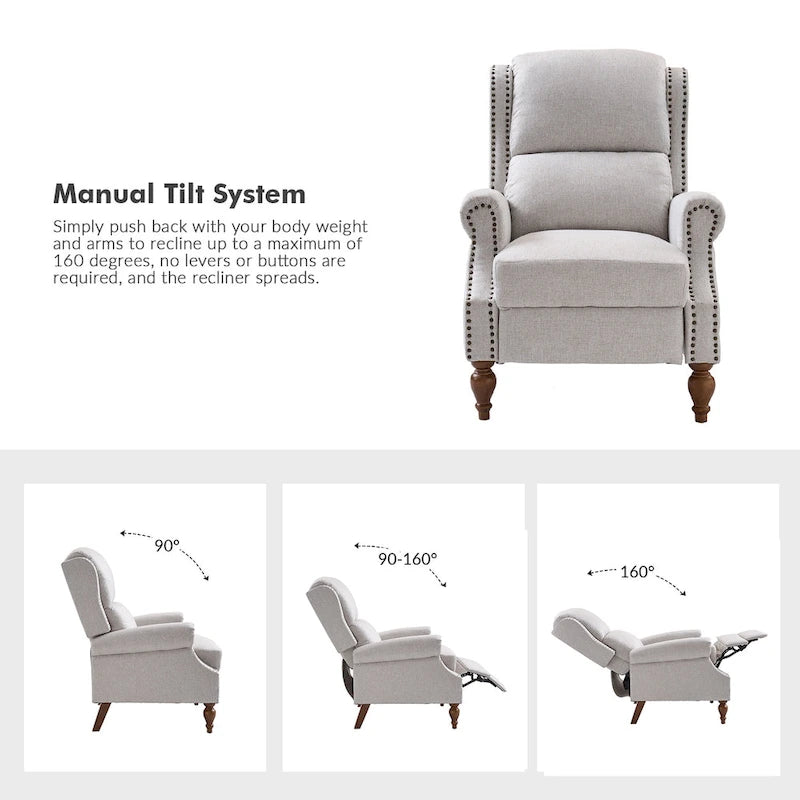 Fauteuil inclinable manuel Terri Traditional Roll Arm avec pieds en bois massif, lot de 2, par HULALA HOME