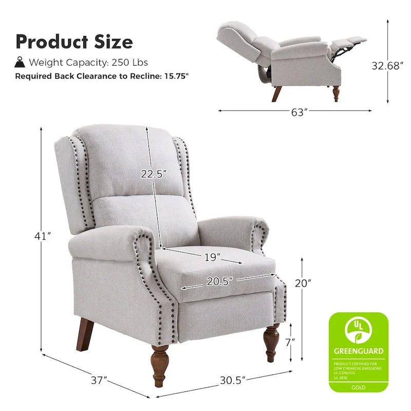 Fauteuil inclinable manuel Terri Traditional Roll Arm avec pieds en bois massif, lot de 2, par HULALA HOME